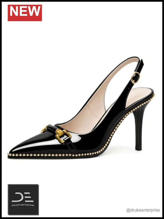 Shoes - Women's Pointed Toe Stiletto Slingback Heels with Gold Beaded Buckle Detail